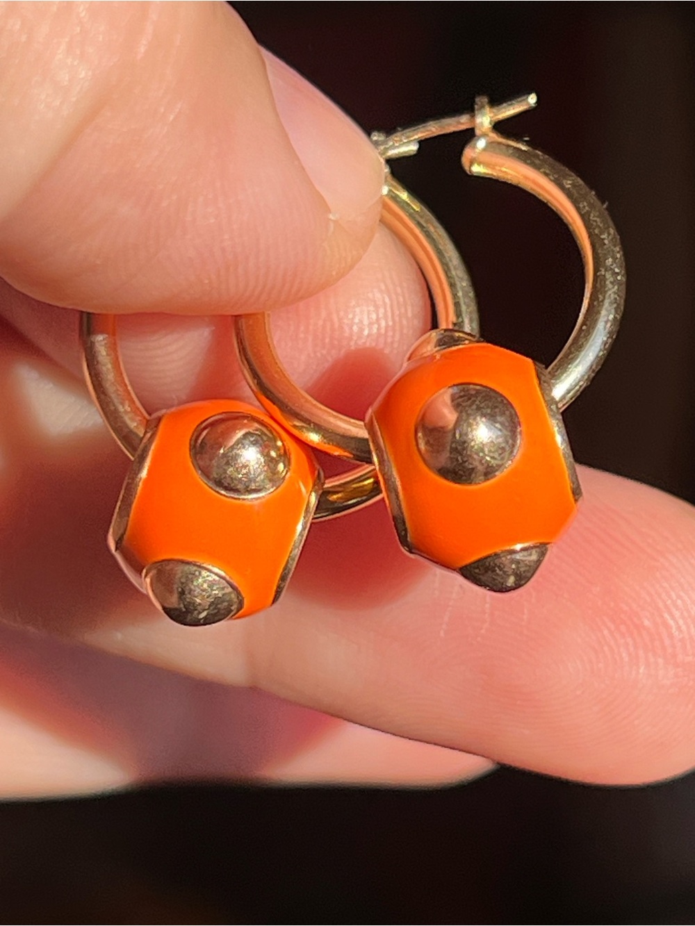 14k Gold -Orange  Enamel and Gold Accent Bead Pair